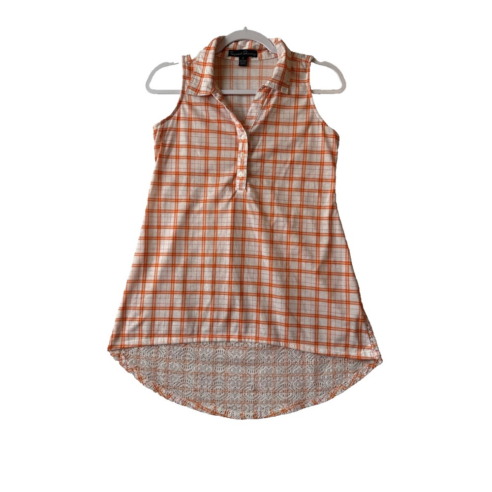 French Laundry Sleeveless Plaid Button Shirt S Crochet Lace Hi Lo Y2K Cowgirl